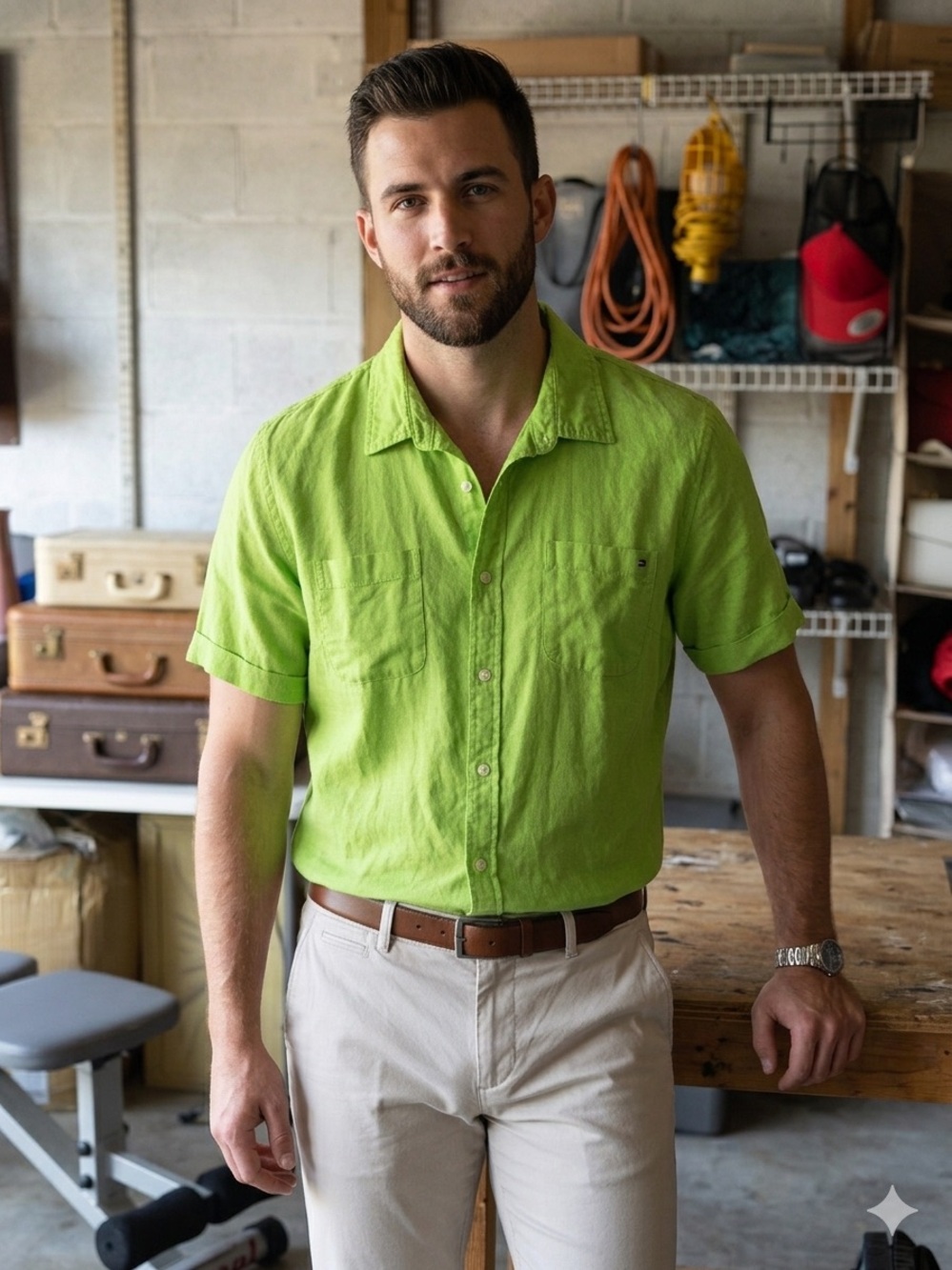Tommy Hilfiger Short-Sleeve Lime Green Button-Down Shirt
